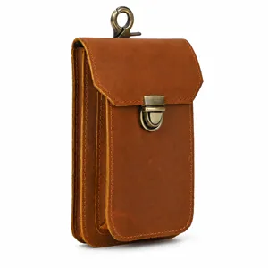 Vintage gekkenpaard leer telefoon taille tas met riemlus en metalen haak voor dagelijks gebruik.