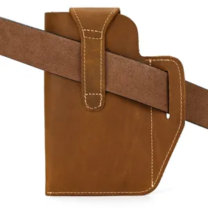 Detail view of vintage brown crazy horse leather phone holster for men, belt loop design.
