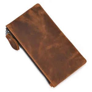 Monedero largo de cuero genuino para hombre estilo vintage cartera con cremallera.