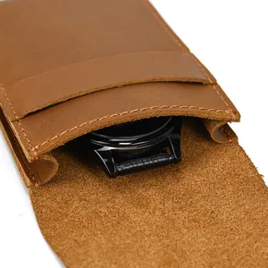 Vintage crazy horse leather watch pouch detail, genuine cowhide portable travel watch storage box.