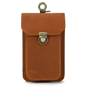 Genuine crazy horse leather phone waist bag with metal hook and belt loop for men.