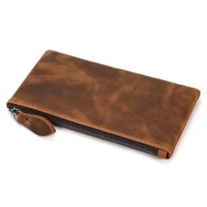 Monedero minimalista de cuero genuino hecho a mano de piel crazy horse para hombre