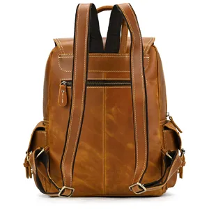 Detailed close-up view of brown crazy horse leather backpack back straps and zipper pocket.