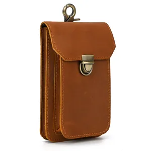 Brown leather phone pouch belt bag detail, vintage crazy horse leather waist bag for men.