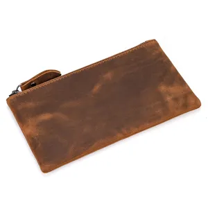 Monedero de cuero genuino vintage minimalista marrón piel de vaca cartera delgada con cremallera