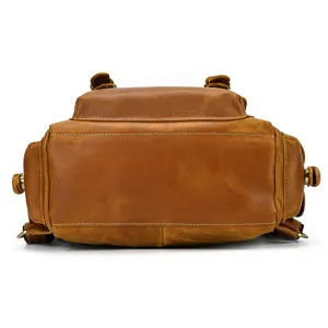 Detailed view of vintage crazy horse leather backpack for men, showcasing durable brown leather.