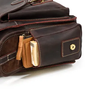 Vintage crazy horse leather men briefcase detail view, genuine cowhide multi-pocket design.