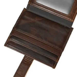 Genuine leather card wallet interior detail, multi card slots and clear photo ID window.