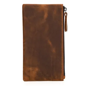 Elegante cartera larga vintage de cuero genuino para hombre, bolso con cremallera retro marrón.