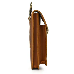 Leather phone holster waist bag side detail view premium brown genuine leather belt pouch