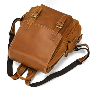 Vintage genuine leather backpack for men, retro outdoor travel daypack, 14-inch laptop bag
