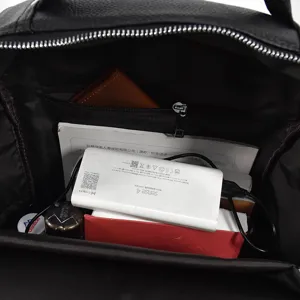 Men business laptop backpack genuine leather dual shoulder bag with USB charging port interior detail