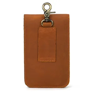 Genuine crazy horse leather phone waist bag with metal belt hook and loop for daily use.