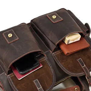 Men vintage crazy horse leather briefcase multi pocket business laptop shoulder bag detail