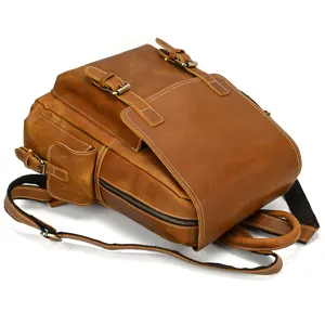Vintage crazy horse leather backpack detail view, men's casual travel leather bag.