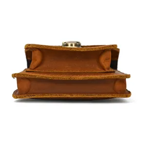 Close-up side view of genuine crazy horse leather phone waist bag showing dual compartments.