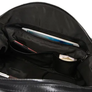 Men's leather travel duffel bag interior detail, large capacity multi-pocket design.