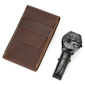 Genuine leather watch pouch, vintage crazy horse cowhide travel watch case and portable box.