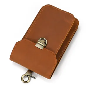 Brown crazy horse leather phone waist bag with metal buckle and rotating hook for belt use.