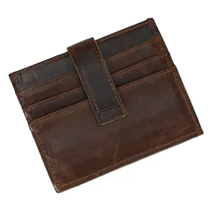 Close-up detail of vintage brown leather card holder featuring slim design and multi slots.