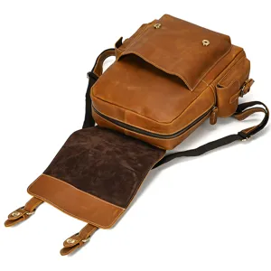 Brown crazy horse leather vintage men backpack detail for 14 inch laptop and outdoor travel.