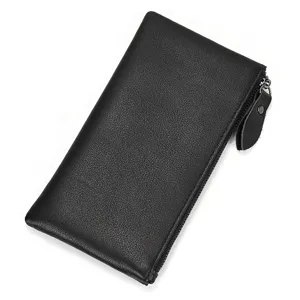 Billetera larga minimalista de cuero genuino negro para hombre, diseño con cremallera, cartera.