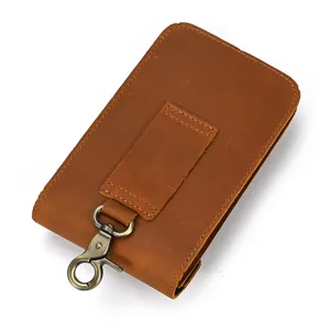 Genuine leather phone waist bag with belt clip and metal hook, brown crazy horse leather pouch.