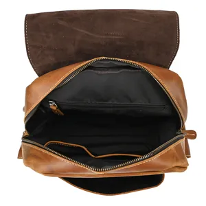 Vintage brown crazy horse leather backpack for men, ideal for travel and 14-inch laptops.