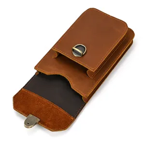 Detailed view of the vintage brown crazy horse leather phone waist bag with metal buckle.