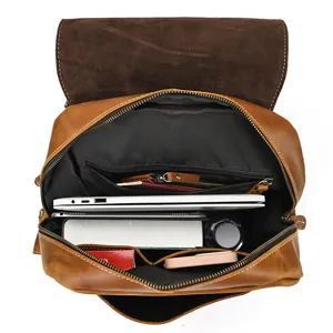 Vintage crazy horse leather backpack men 14 inch laptop bag large capacity casual travel rucksack
