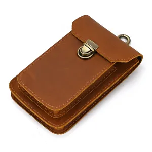 Vintage genuine leather phone pouch, brown retro belt holster with metal buckle and hook.