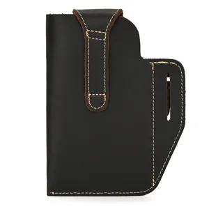 Retro genuine leather phone holster for men, dark brown crazy horse belt pouch for outdoor sports.