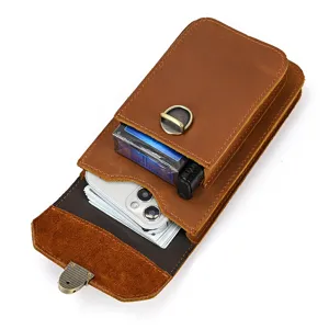 Brown crazy horse leather phone holster detailed view with utility belt loop and pockets.