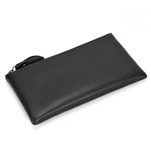 Monedero delgado de cuero genuino negro con cremallera hombre bolso vintage minimalista.