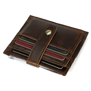 Vintage genuine leather card holder wallet for men and women, ultra-thin slim design with snap.