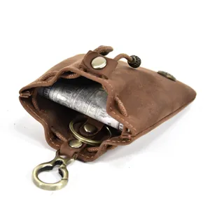 Retro handmade vegetable-tanned leather coin purse mini wallet with keychain and hook.