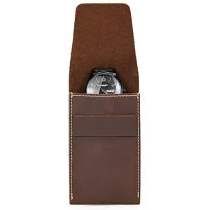Genuine leather watch pouch for travel, vintage crazy horse cowhide single watch storage box.