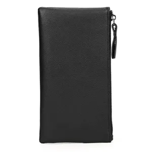 Primer plano detallado de la cremallera y la textura de la cartera de cuero genuino.