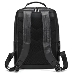 Back view of black leather business laptop backpack with breathable mesh padding and straps.