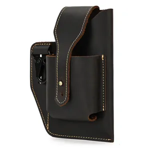 Detailed view of vintage crazy horse leather phone holster with contrast stitching and clip