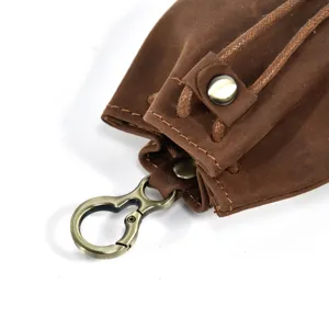 Retro handmade vegetable tanned leather coin purse mini wallet detail view vintage style brown