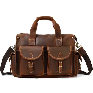 Men vintage crazy horse leather briefcase laptop bag multi-pocket shoulder messenger bag.