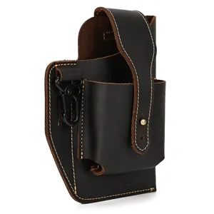 Detail of dark brown leather phone holster with contrast stitching, metal clasp and belt loop.