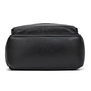 Detailed view of the black genuine leather men business backpack showing the bottom texture clearly.