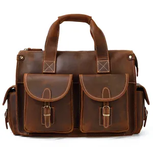Detailed view of the vintage crazy horse leather men's briefcase showing texture and pockets.