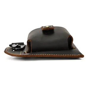 Men's crazy horse leather phone waist bag detail view, vintage belt pouch with metal clip.