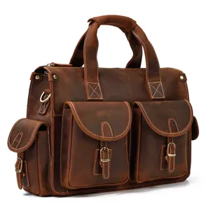 Vintage men's genuine leather briefcase, multi-pocket business laptop shoulder bag.