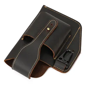 Vintage genuine leather men phone waist bag belt holster outdoor tactical pouch dark brown