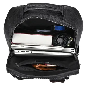 Men's business leather backpack large capacity laptop bag multi-compartment travel daypack.