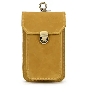 Genuine crazy horse leather phone waist bag, vintage belt pouch with metal hook and secure clasp.
